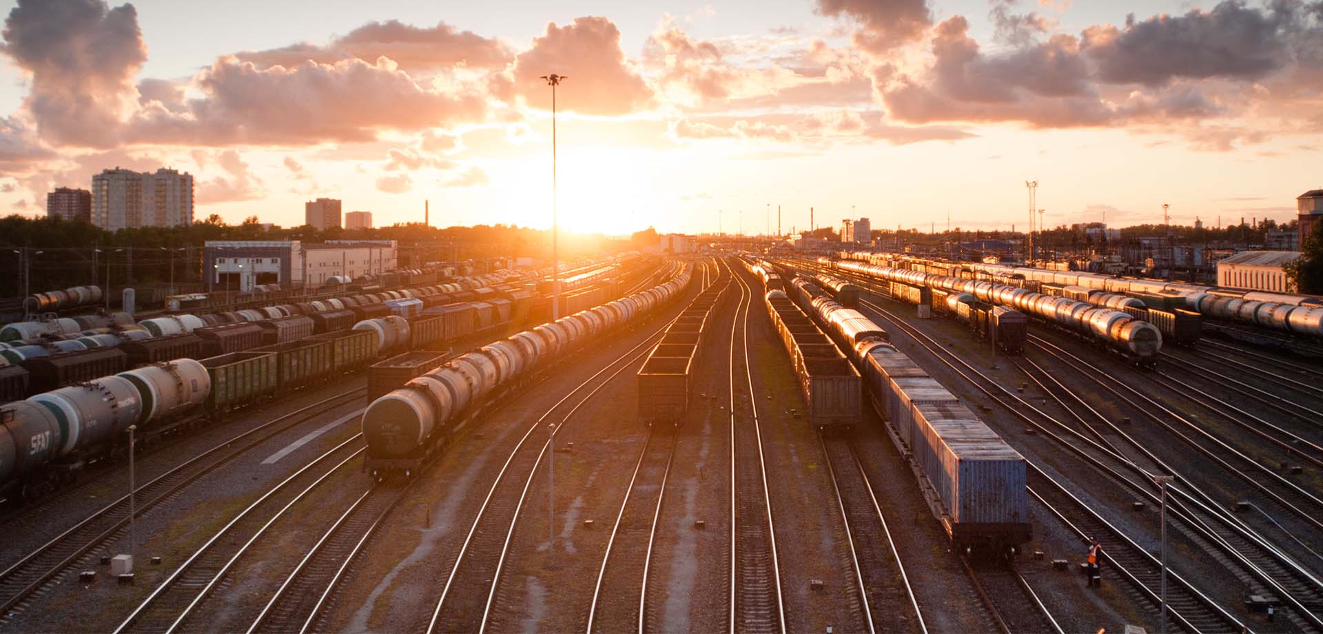 View of a cargo train station during golden hour